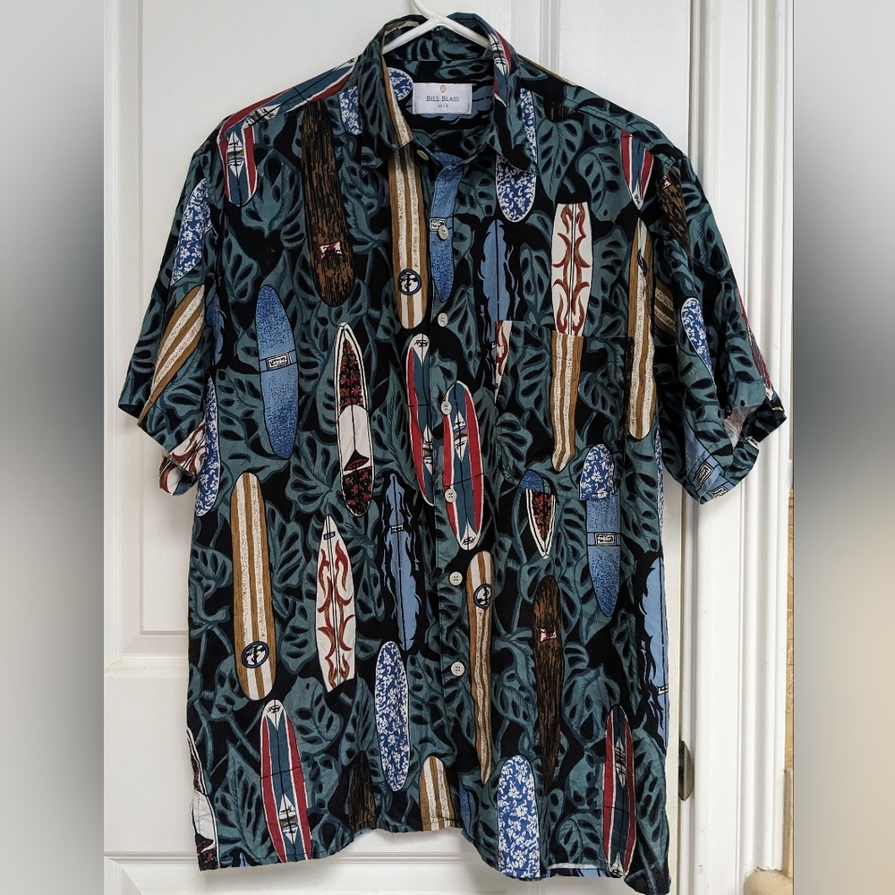 Bill Blass Silk / Cotton Hawaiian Style Surfboard Print Button Down Shirt - M